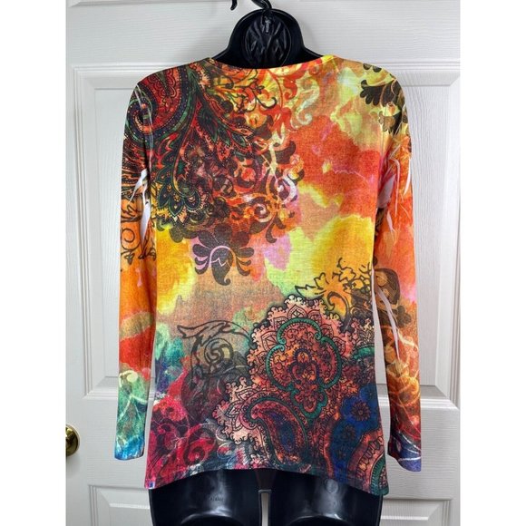 NY Collection Top Womens Size Large L Long Sleeve Orange Colorful Ruffle Stretch - Picture 7 of 8